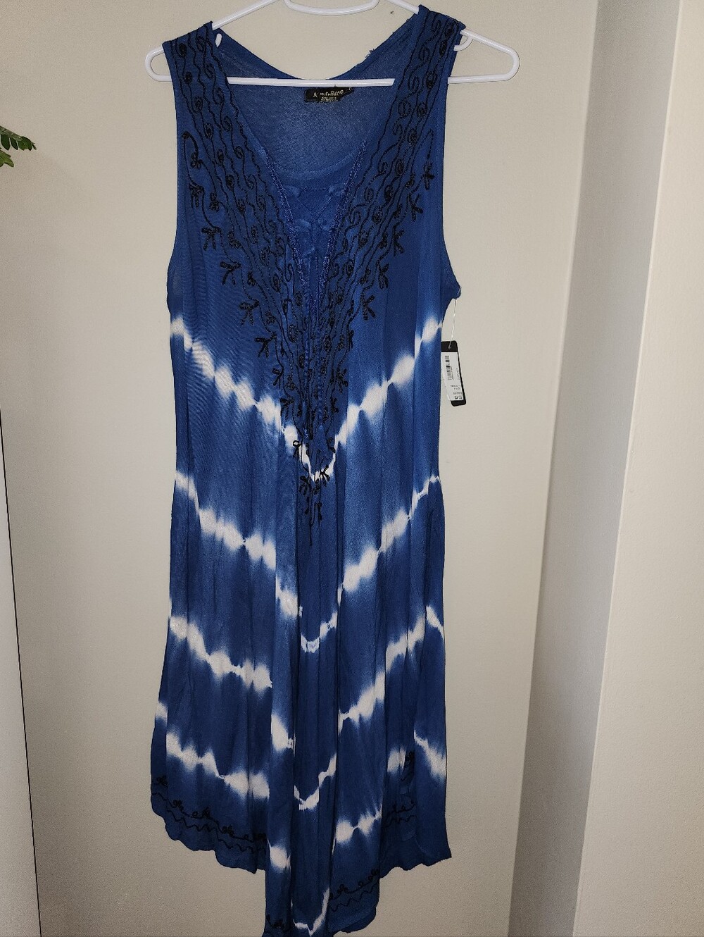 Blue Tie-Dye Sleeveless Maxi Dress with Embroidered V-Neck
